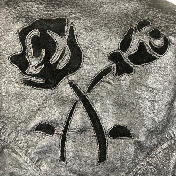 Black Leather Jacket Womens M Moto Fringe Scrolls Braids Biker Whimsigoth Rock - Picture 8 of 16